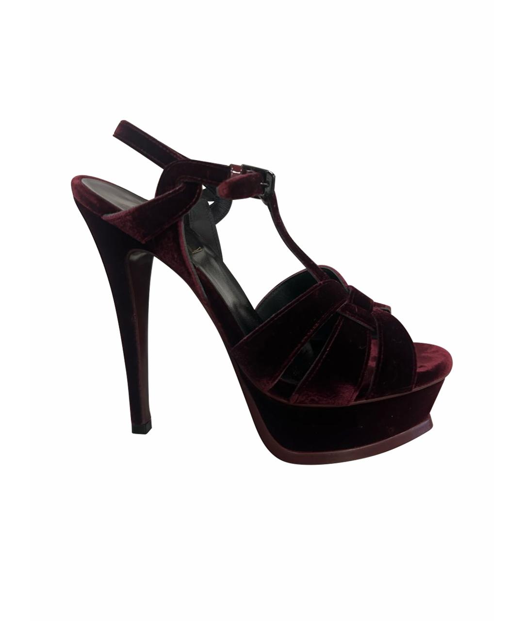 SAINT LAURENT Бордовые бархатные босоножки, фото 1