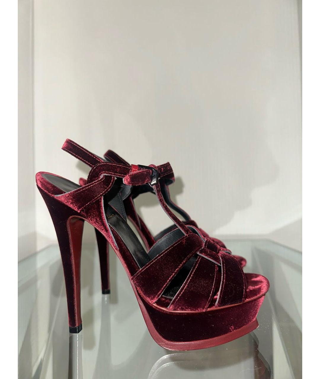 SAINT LAURENT Бордовые бархатные босоножки, фото 2
