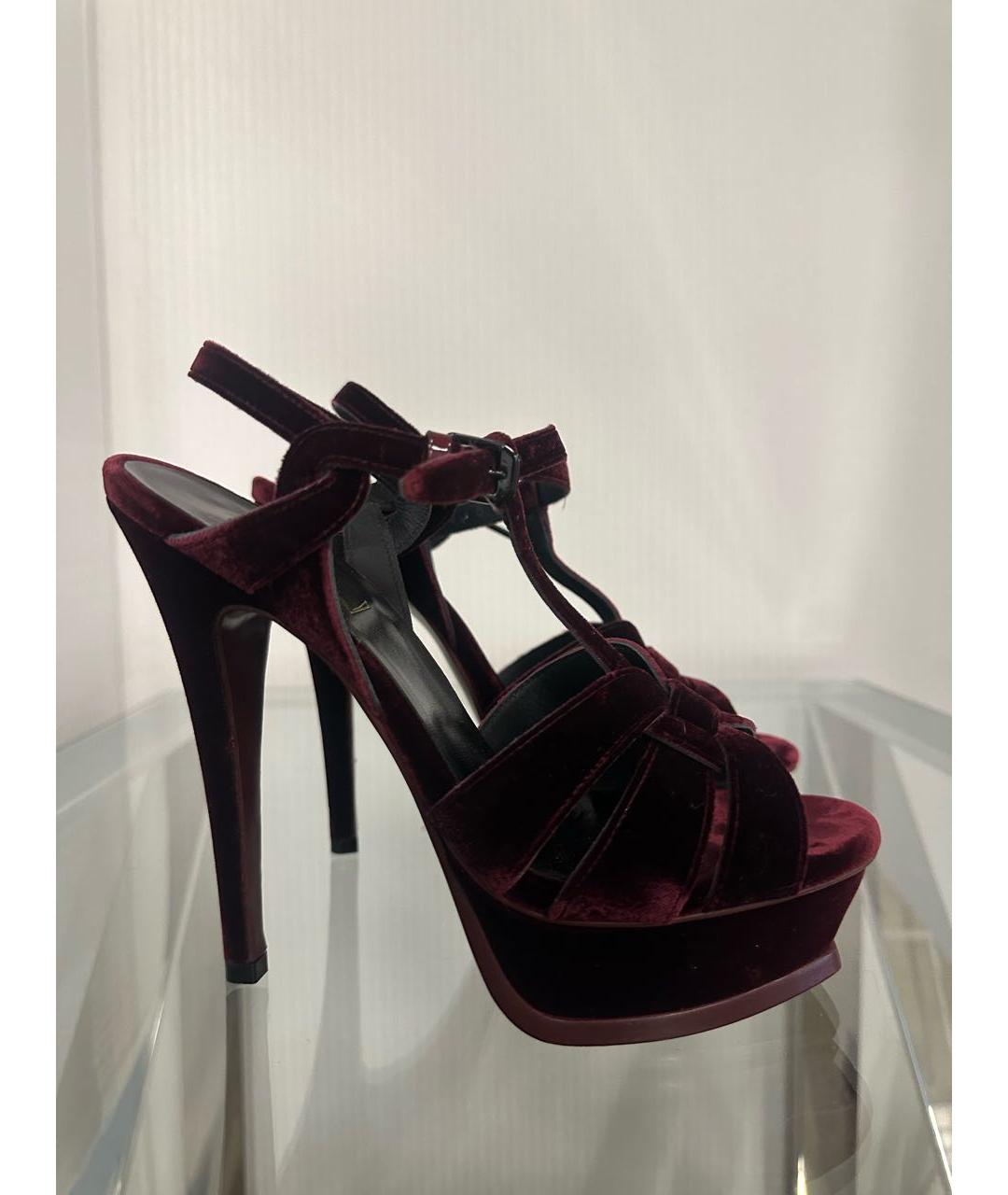 SAINT LAURENT Бордовые бархатные босоножки, фото 8