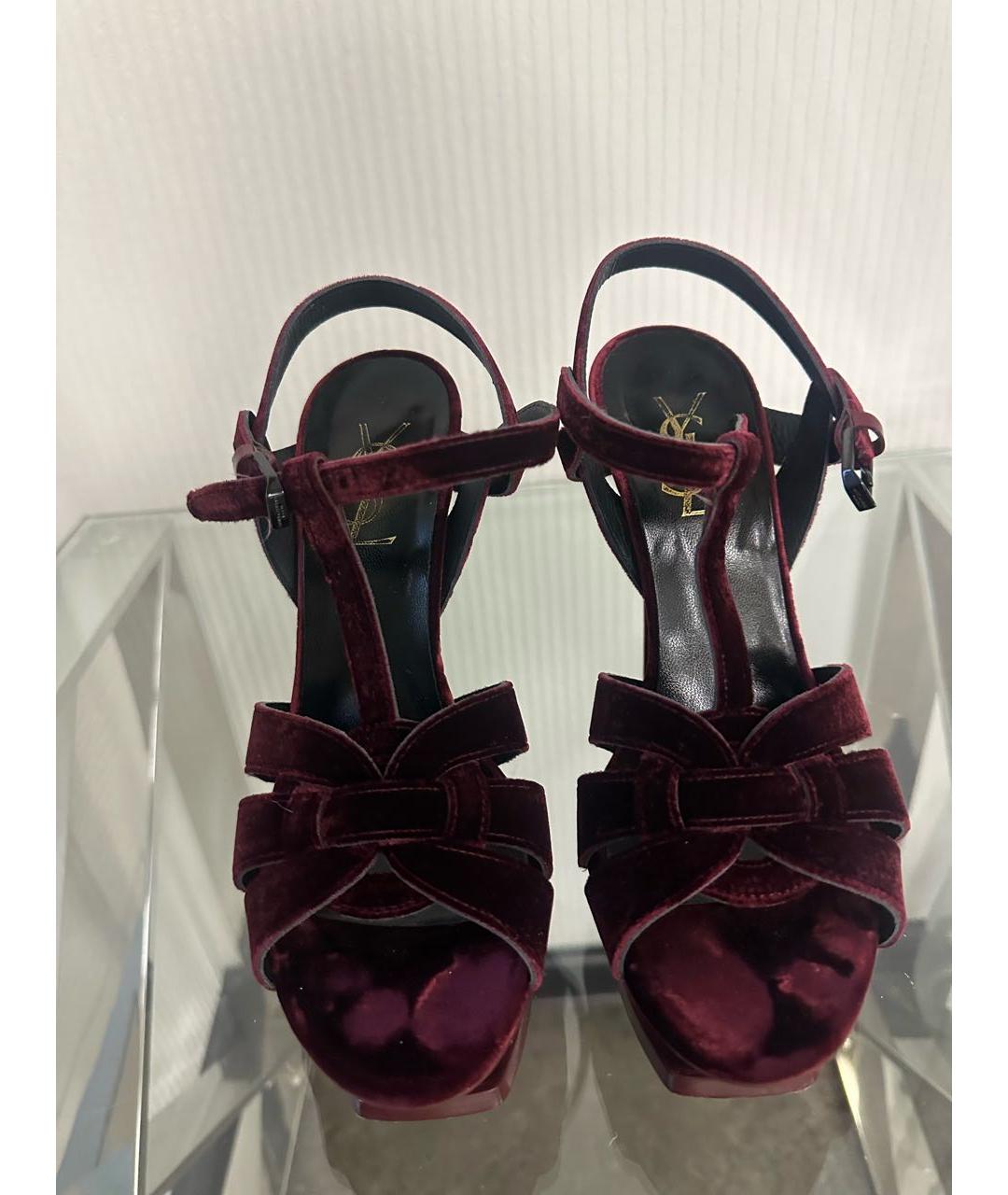 SAINT LAURENT Бордовые бархатные босоножки, фото 7