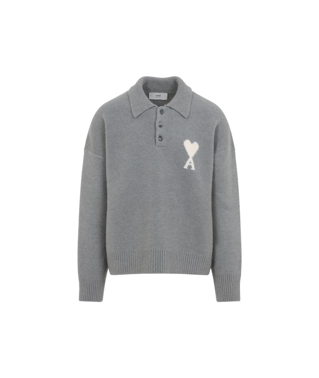 Ami Paris Серое хлопко-шерстяное поло с длинным рукавом, фото 1