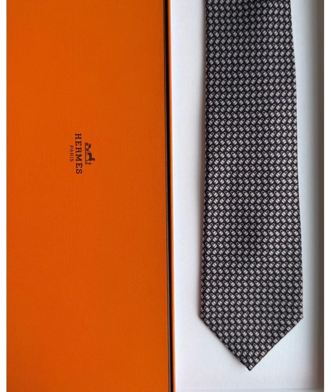 HERMES Черный шелковый галстук, фото 4