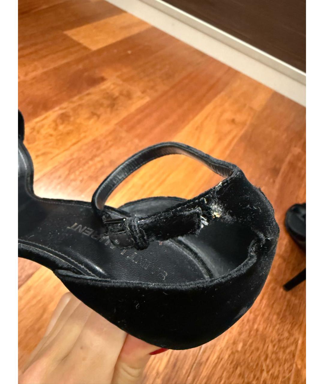 SAINT LAURENT Черные бархатные босоножки, фото 6