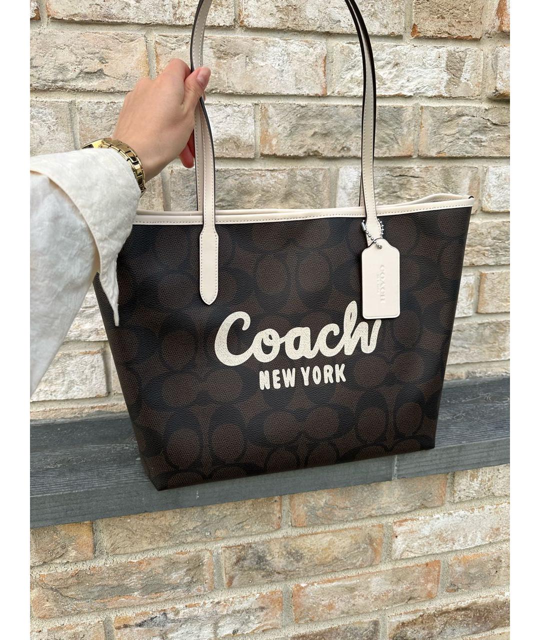 COACH Коричневая кожаная сумка с короткими ручками, фото 4