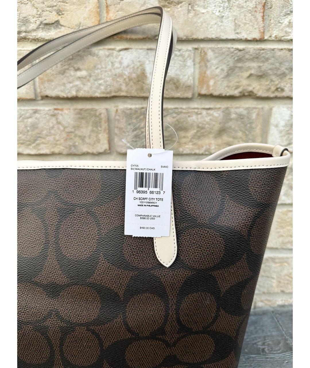 COACH Коричневая кожаная сумка с короткими ручками, фото 6