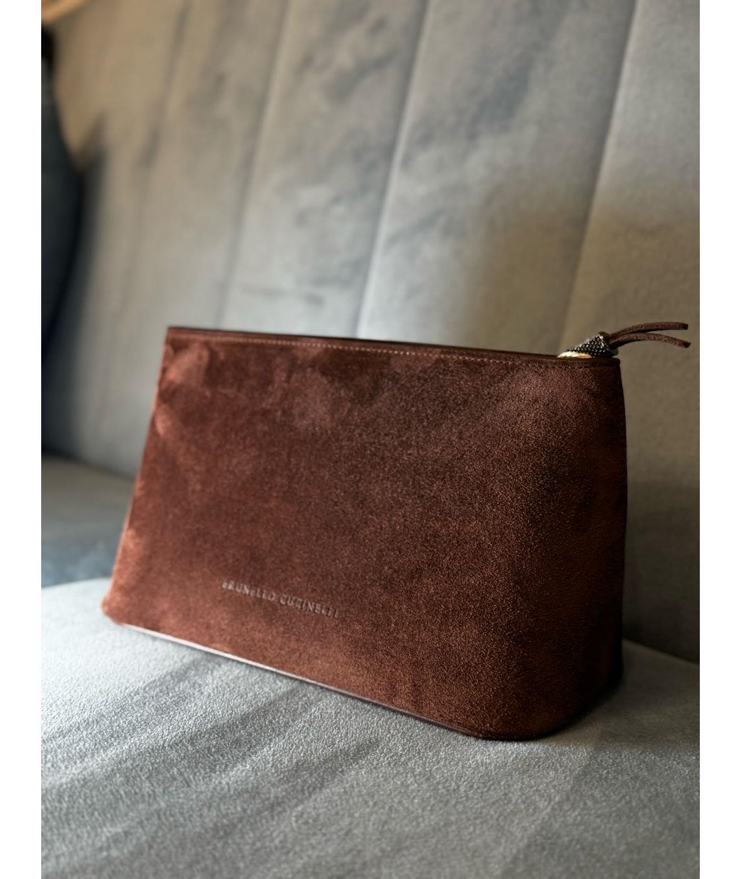 BRUNELLO CUCINELLI Коричневая замшевая косметичка, фото 6