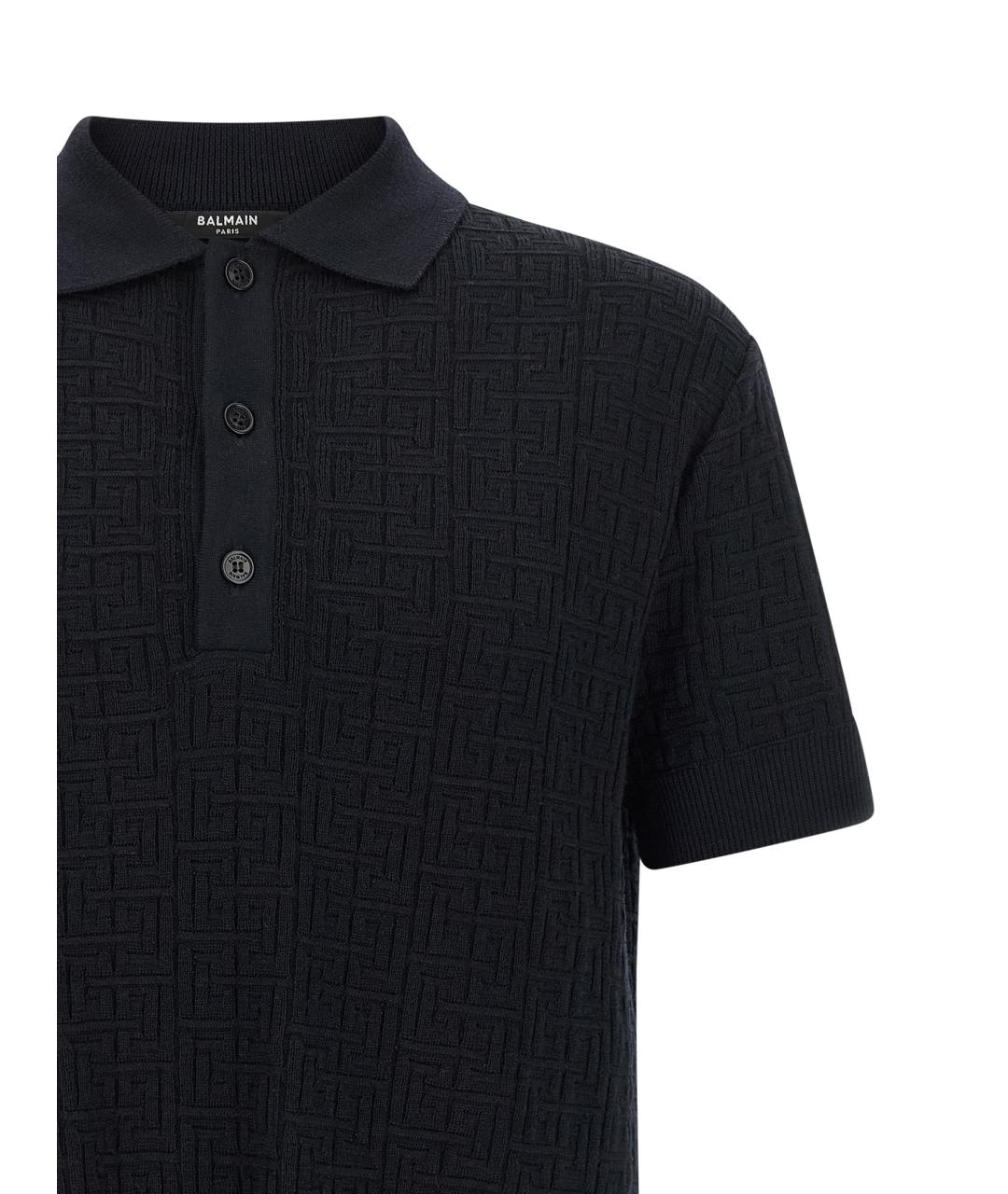 BALMAIN Темно-синее хлопко-шерстяное поло с коротким рукавом, фото 3