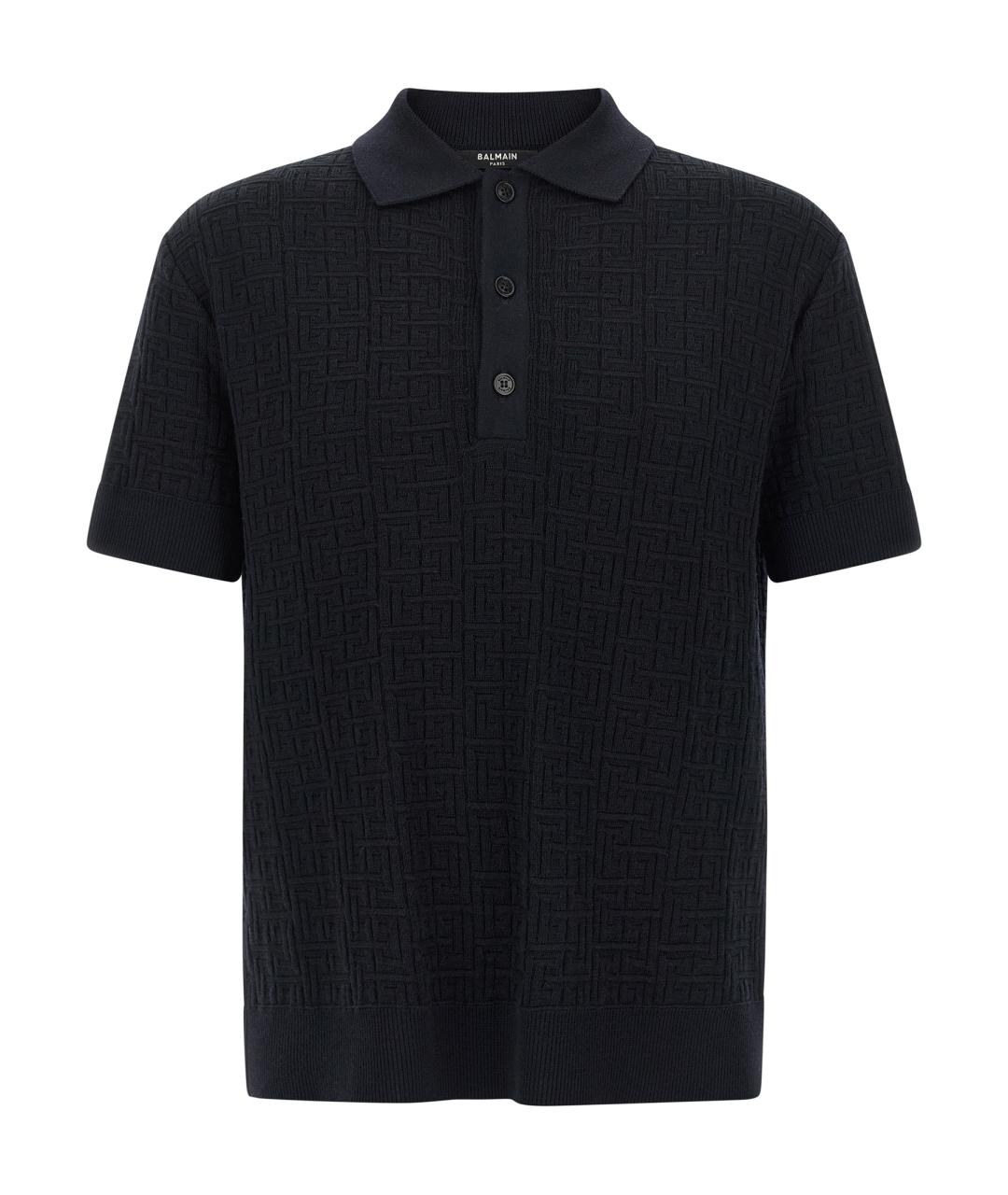 BALMAIN Темно-синее хлопко-шерстяное поло с коротким рукавом, фото 1