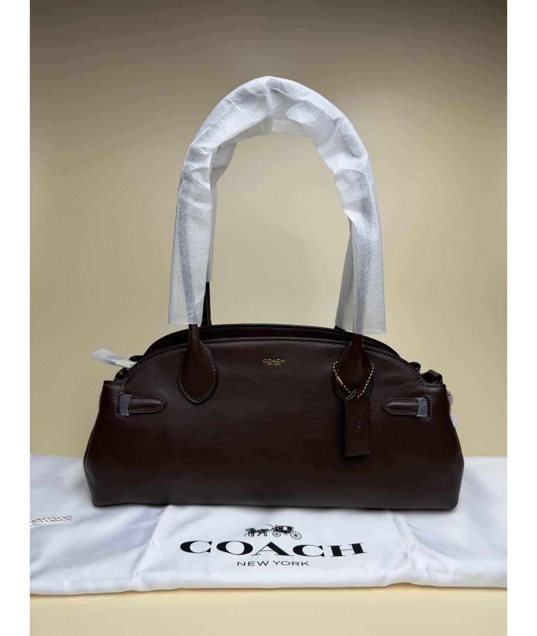 COACH Коричневая кожаная сумка с короткими ручками, фото 2