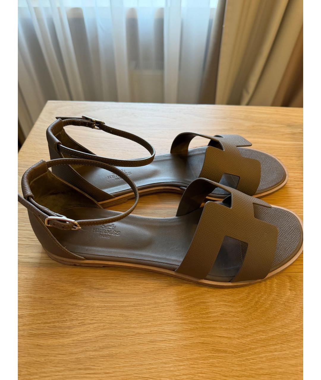 HERMES Антрацитовые кожаные босоножки, фото 8