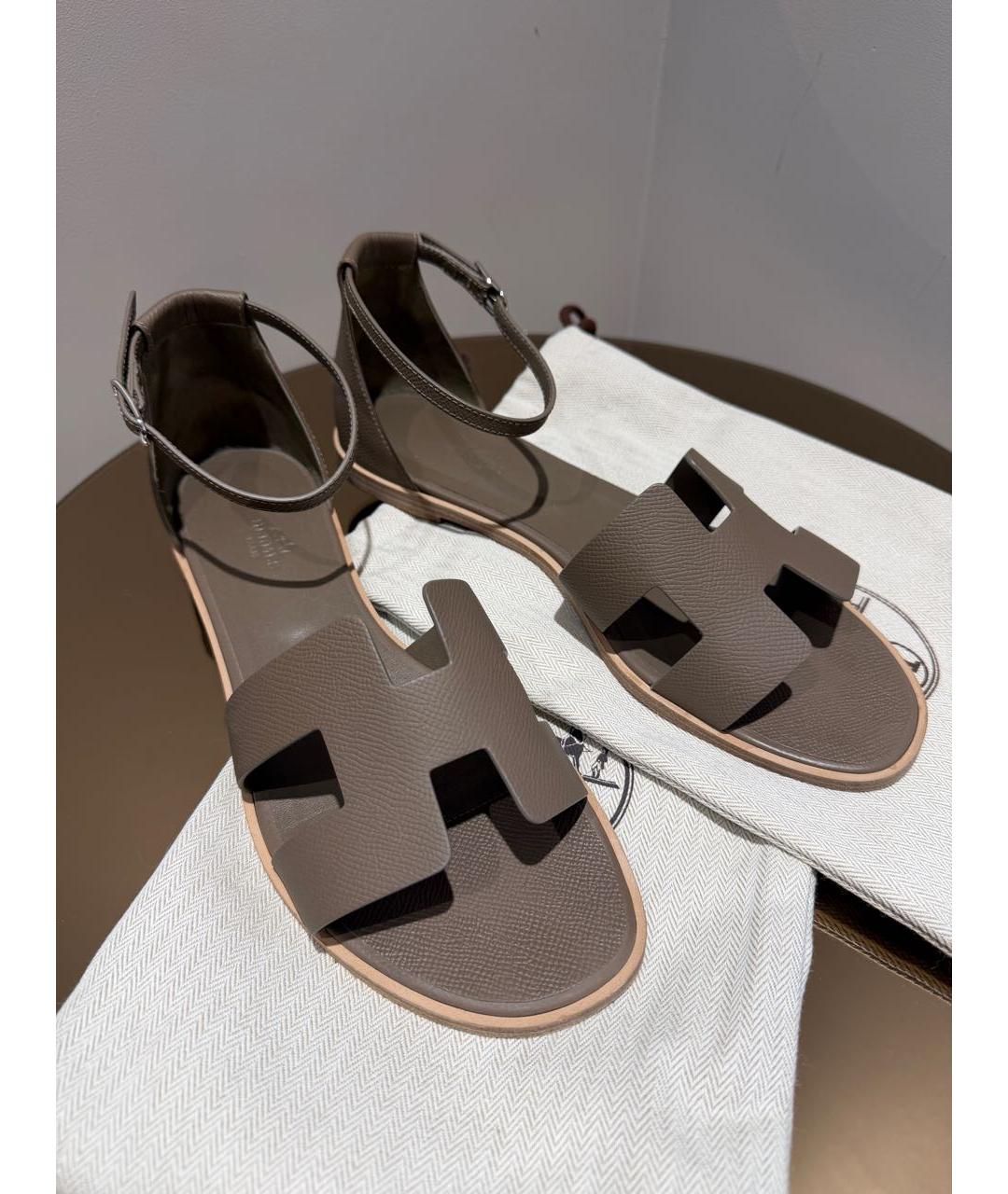 HERMES Антрацитовые кожаные босоножки, фото 2