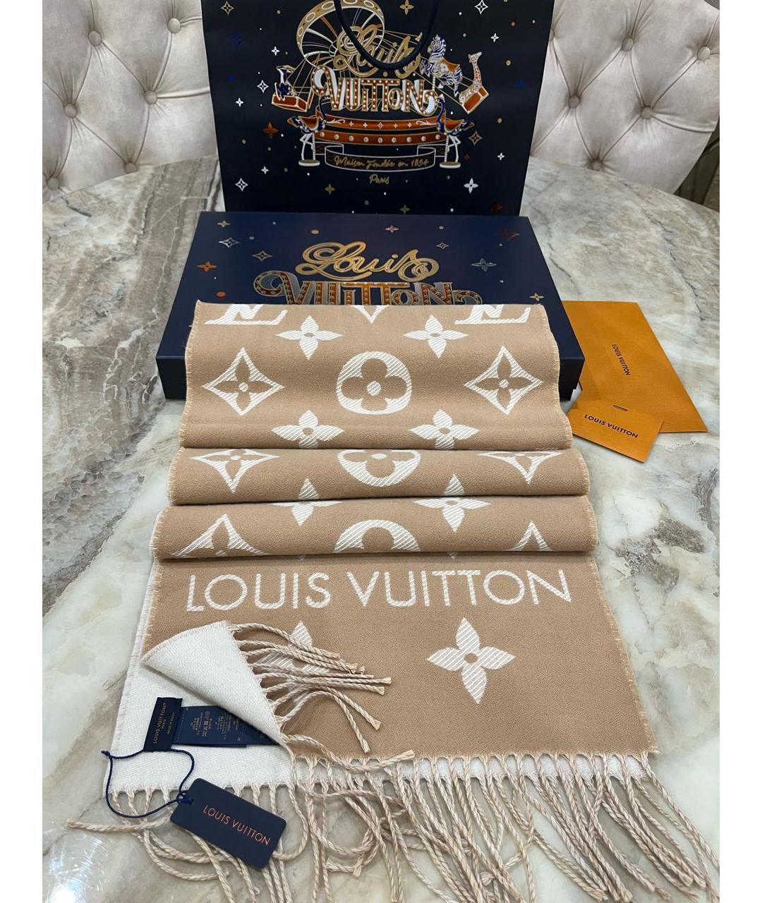 LOUIS VUITTON Бежевый шерстяной шарф, фото 2