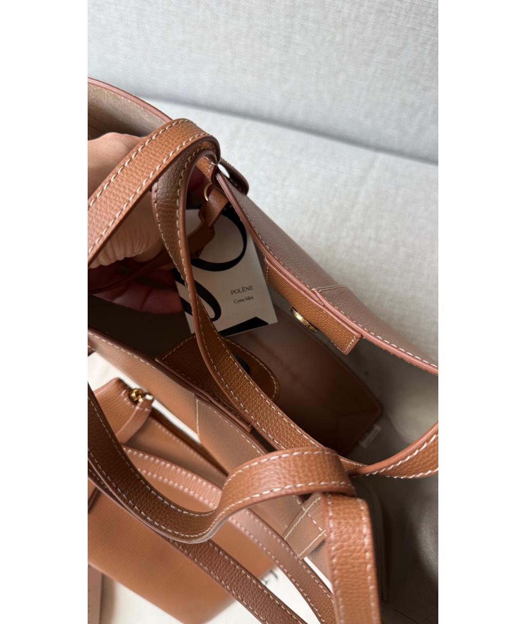 POLENE Бежевая кожаная сумка с короткими ручками, фото 4