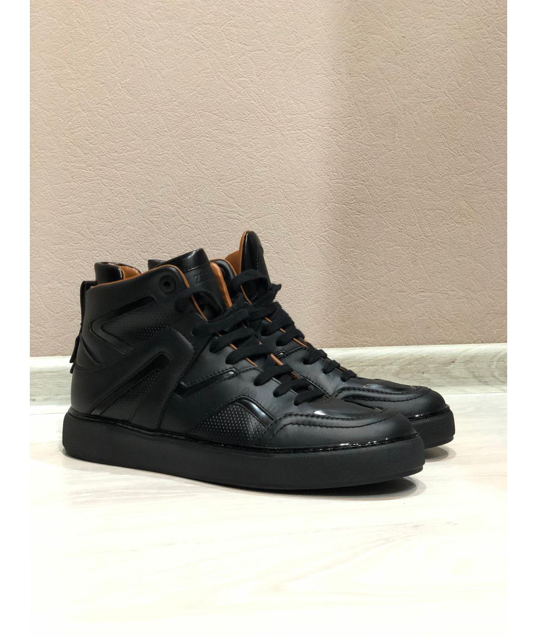 ZEGNA Черные кожаные высокие кроссовки / кеды, фото 2