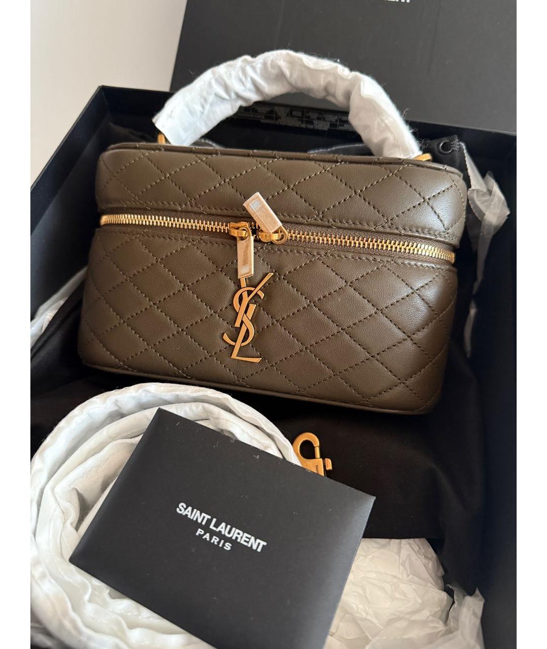 SAINT LAURENT Хаки кожаная сумка с короткими ручками, фото 3