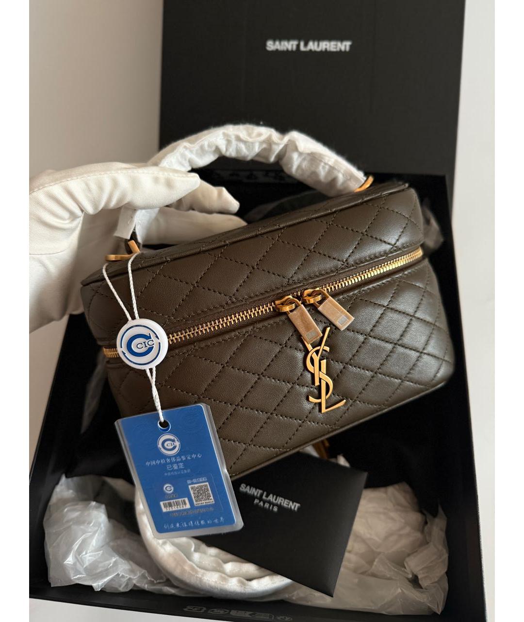 SAINT LAURENT Хаки кожаная сумка с короткими ручками, фото 4