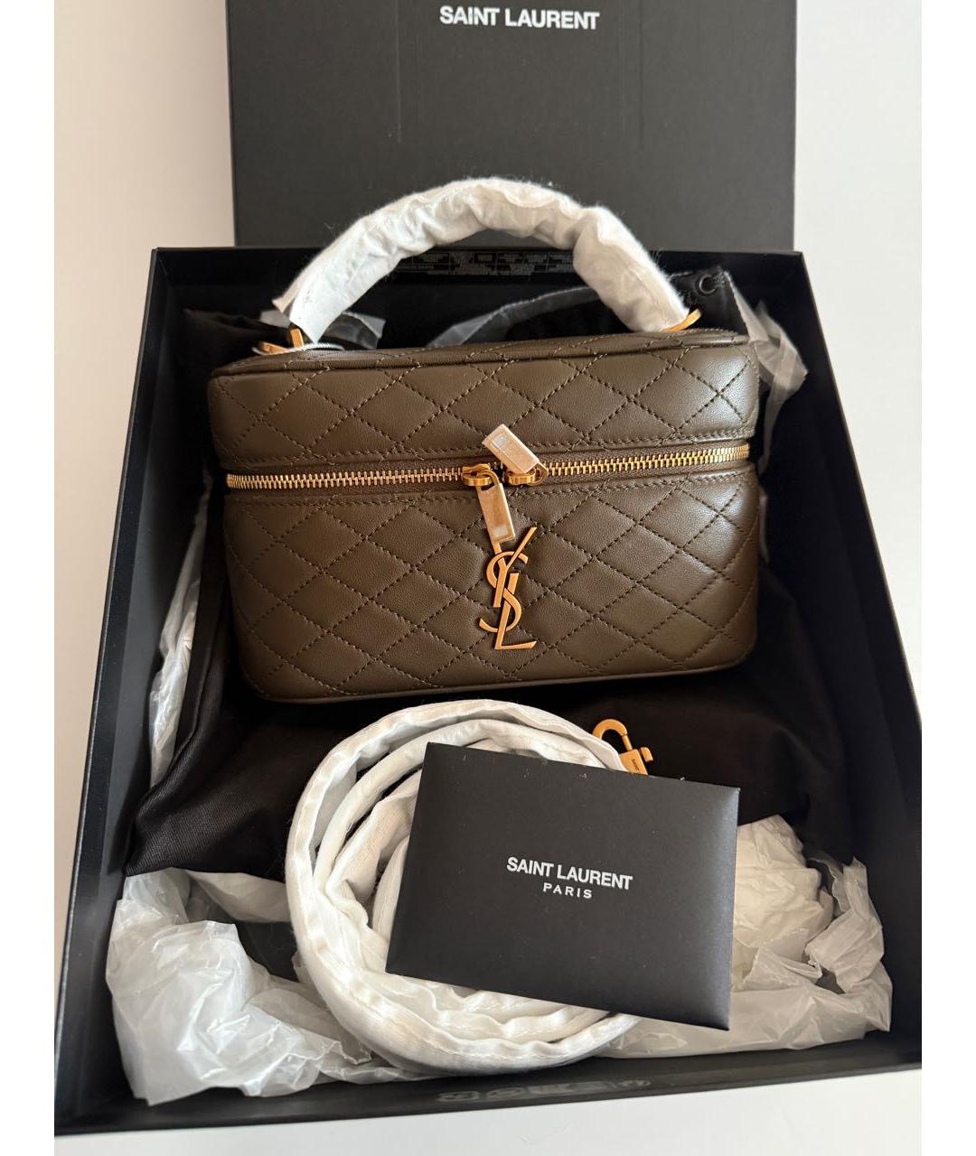 SAINT LAURENT Хаки кожаная сумка с короткими ручками, фото 2