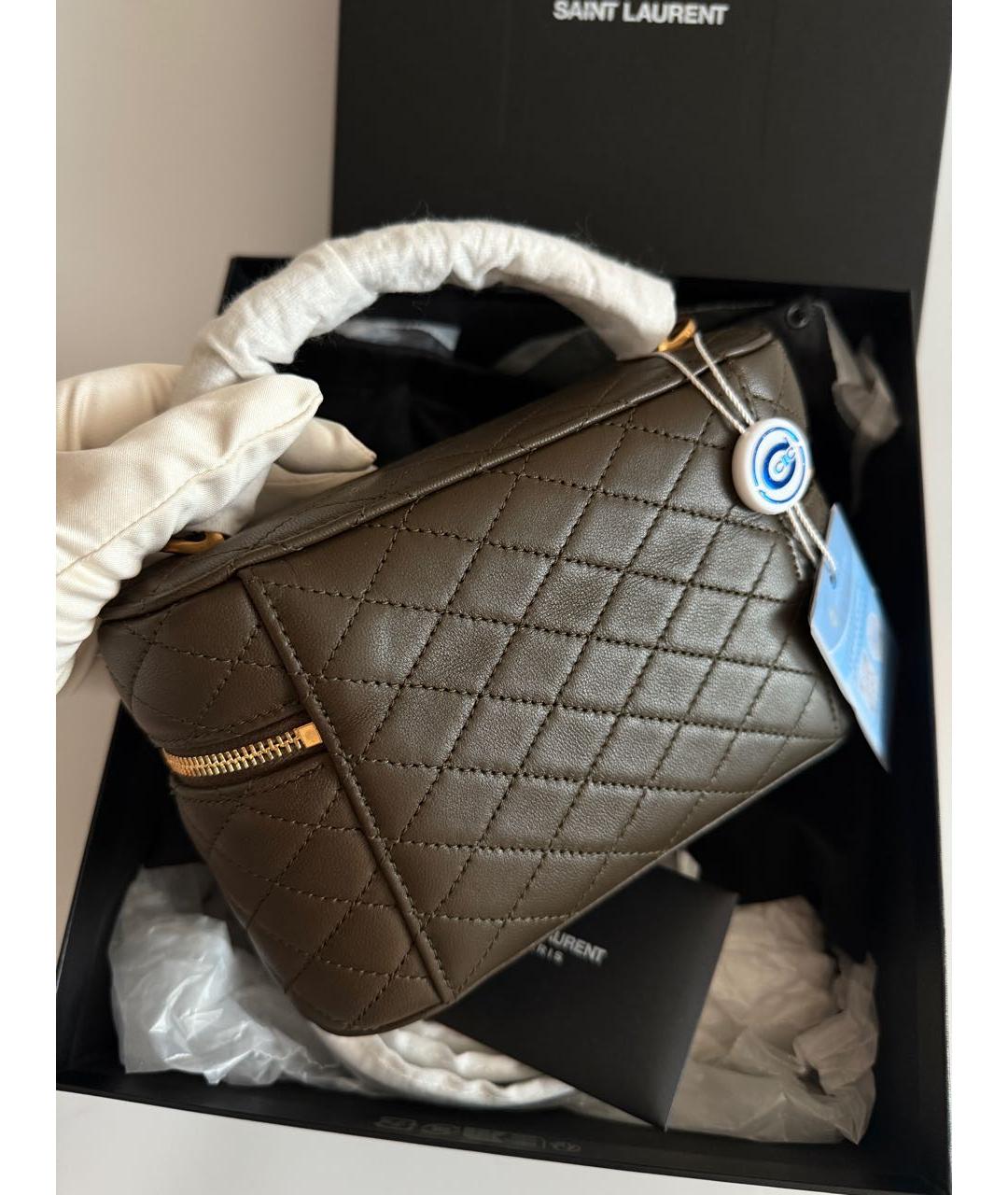 SAINT LAURENT Хаки кожаная сумка с короткими ручками, фото 5