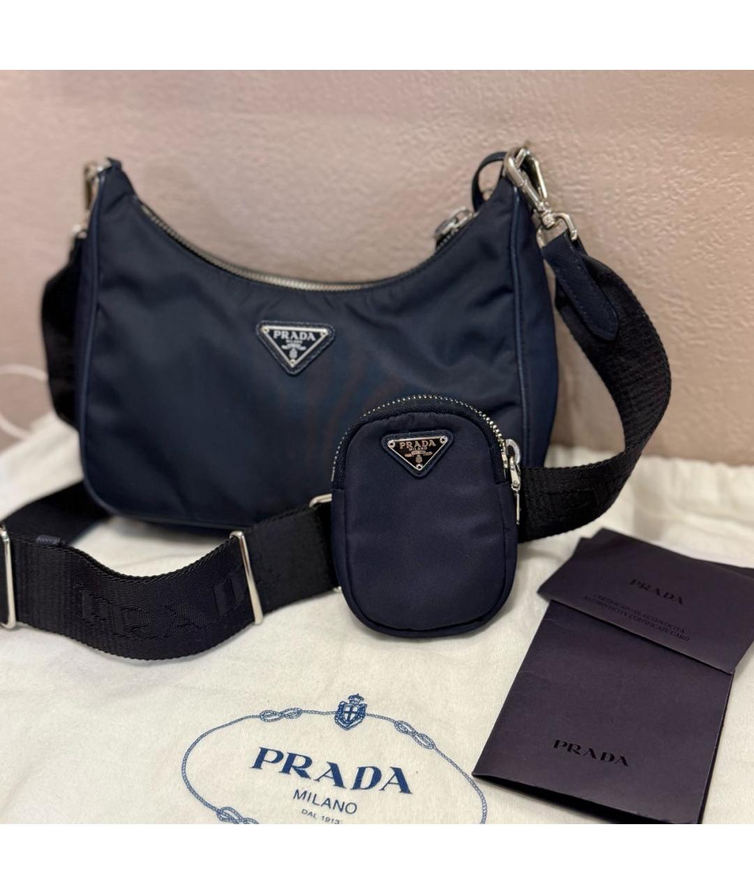 PRADA Темно-синяя синтетическая сумка с короткими ручками, фото 3