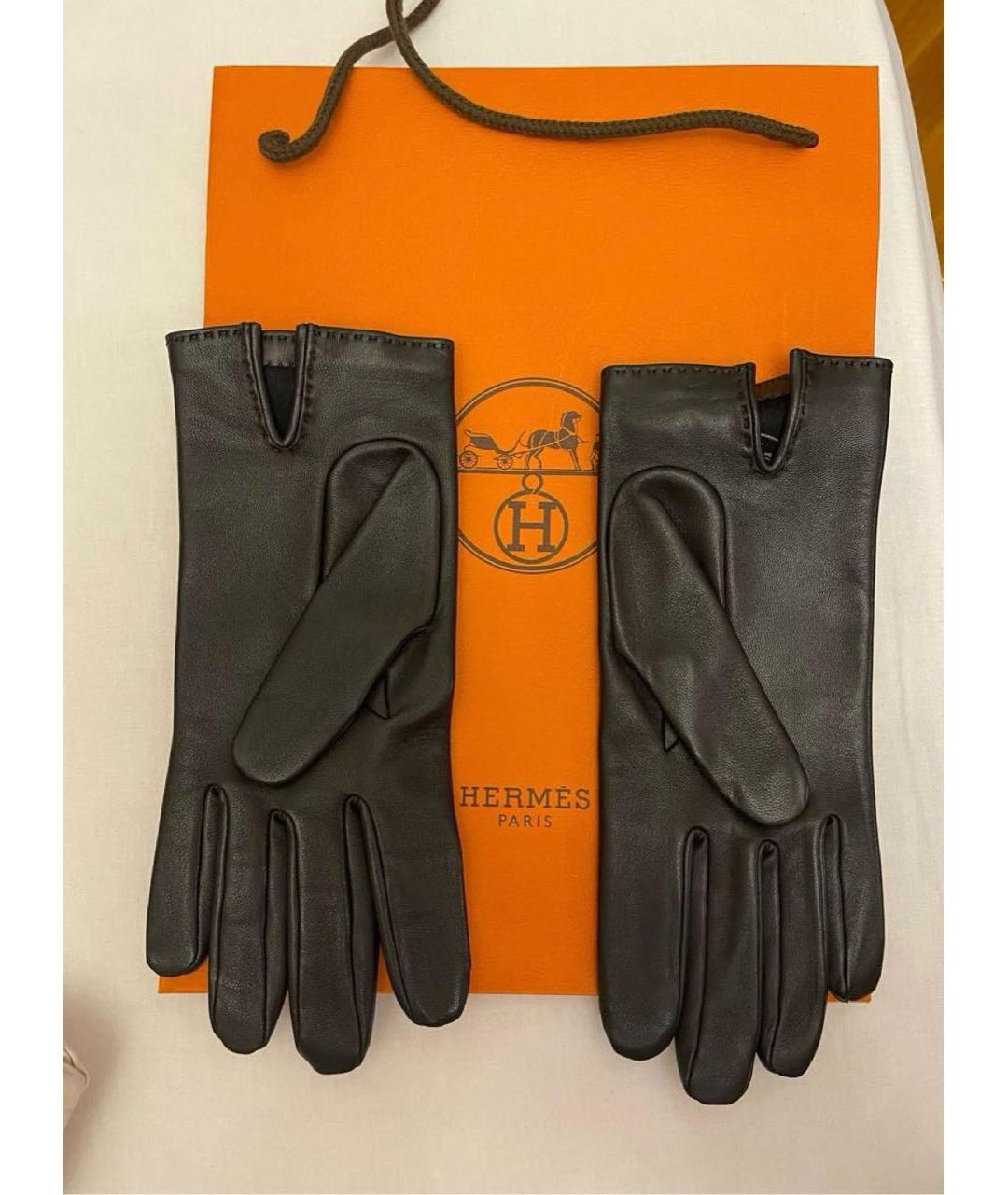 HERMES Черные кожаные перчатки, фото 2