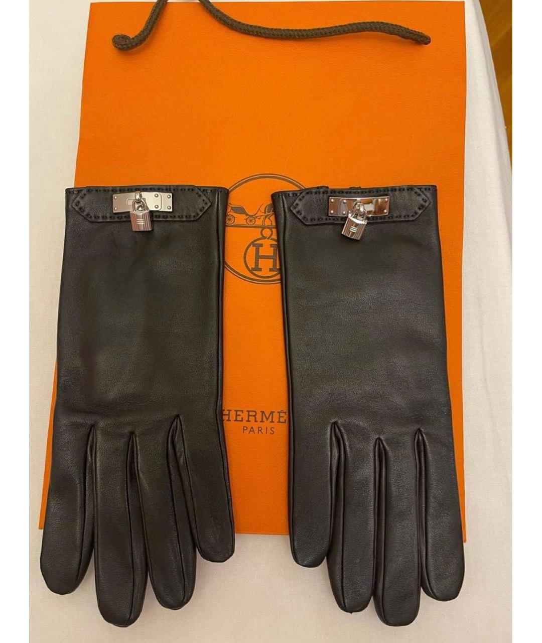 HERMES Черные кожаные перчатки, фото 5