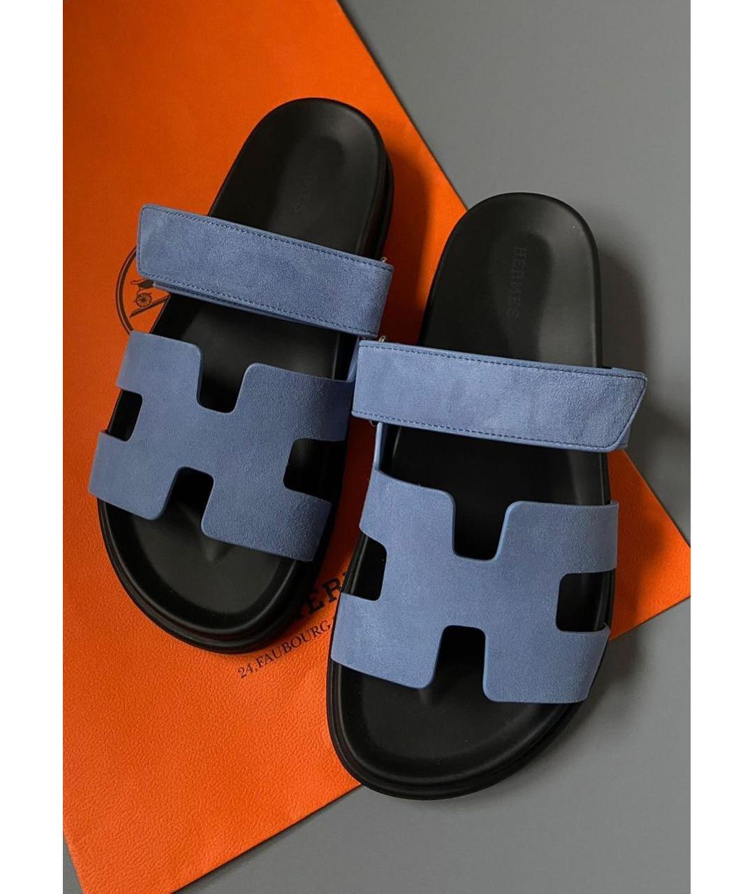 HERMES Голубые замшевые шлепанцы, фото 3