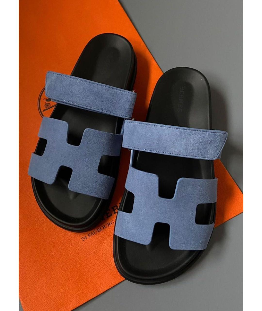 HERMES Голубые замшевые шлепанцы, фото 2
