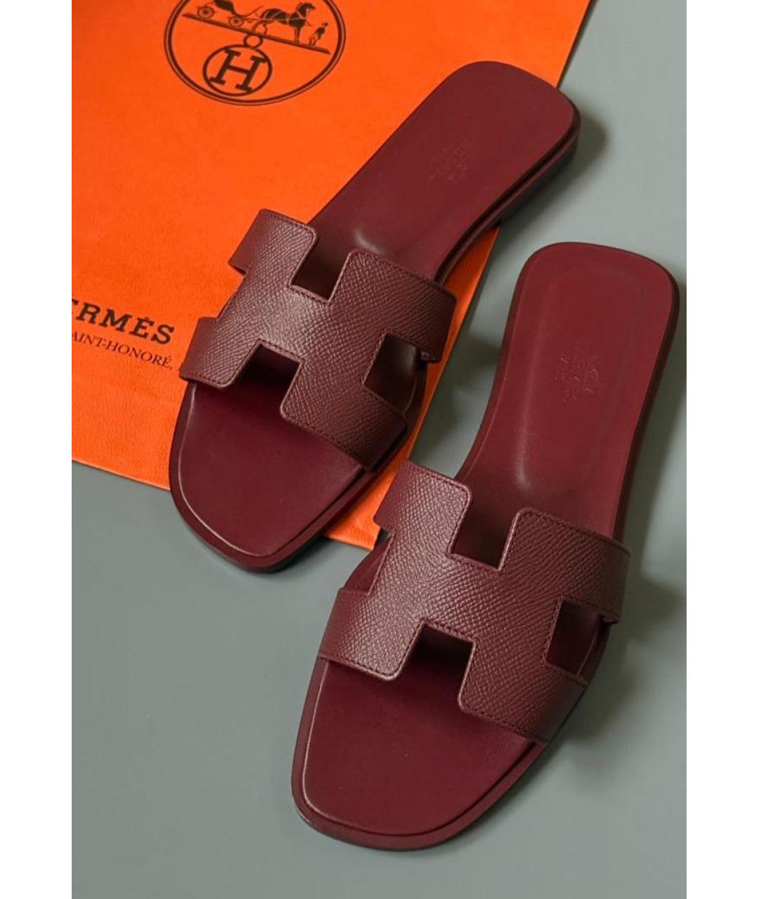 HERMES Бордовые кожаные шлепанцы, фото 2