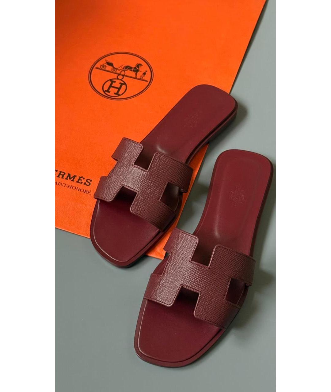 HERMES Бордовые кожаные шлепанцы, фото 3