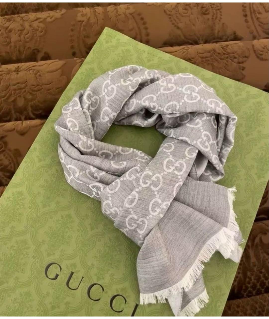 GUCCI Серый шерстяной шарф, фото 3