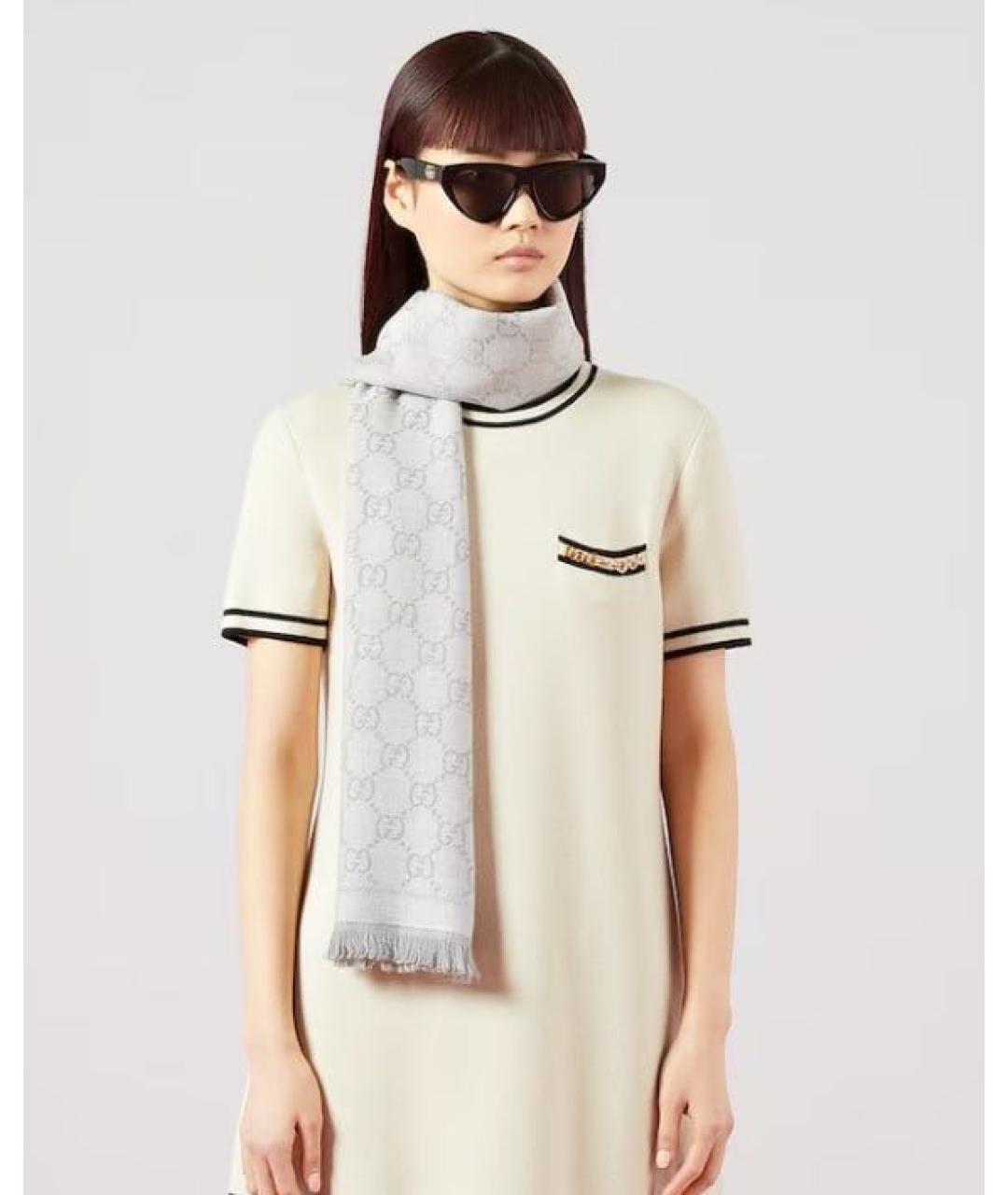 GUCCI Серый шерстяной шарф, фото 2