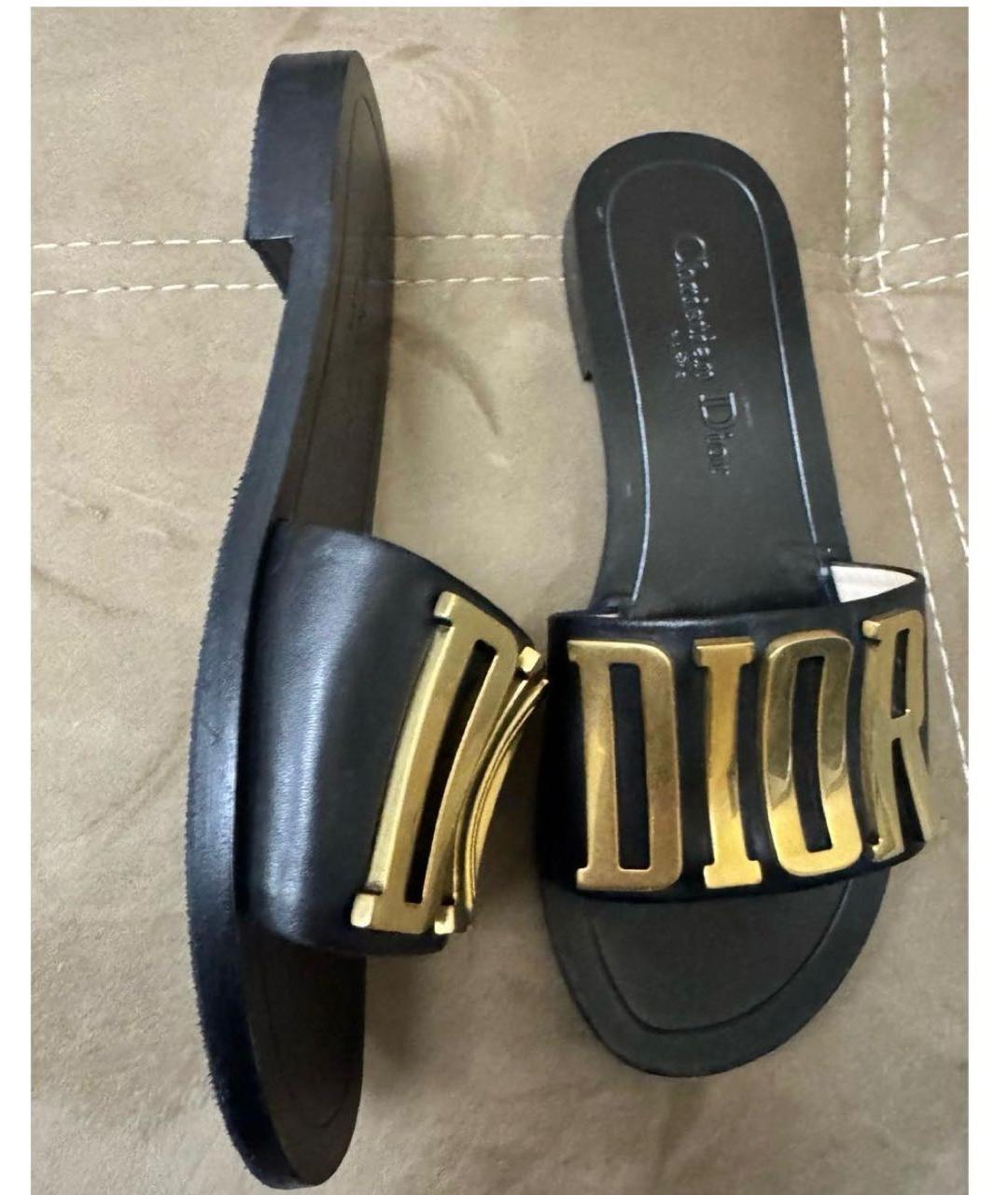 CHRISTIAN DIOR Черные кожаные шлепанцы, фото 3