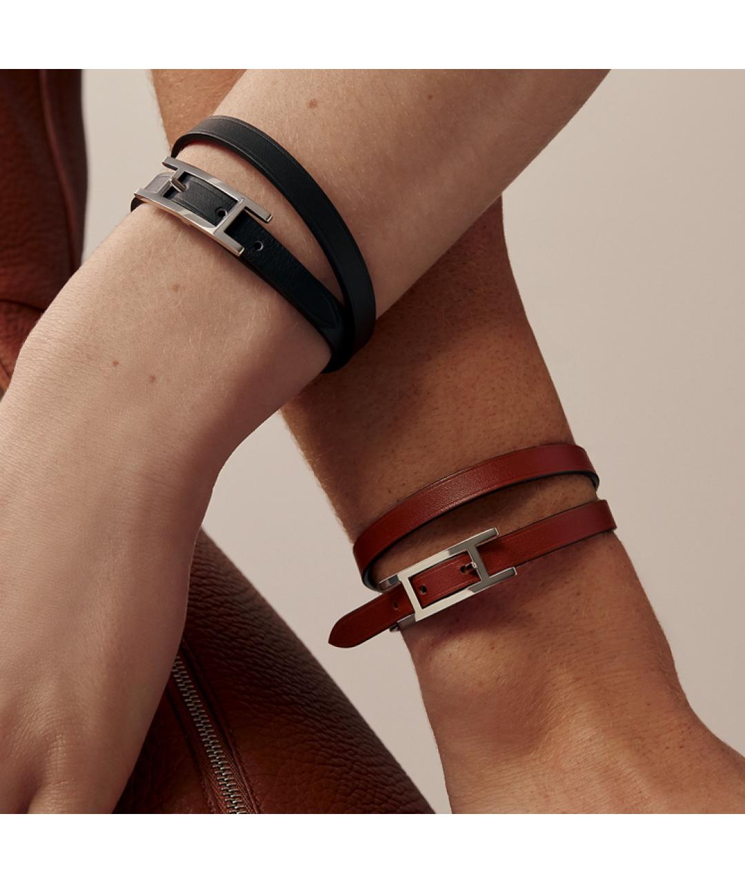 HERMES Черный кожаный браслет, фото 3