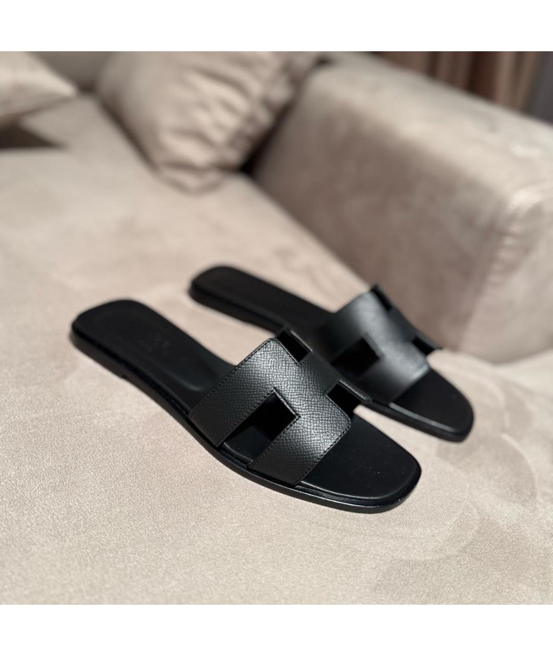 HERMES Черные кожаные шлепанцы, фото 9