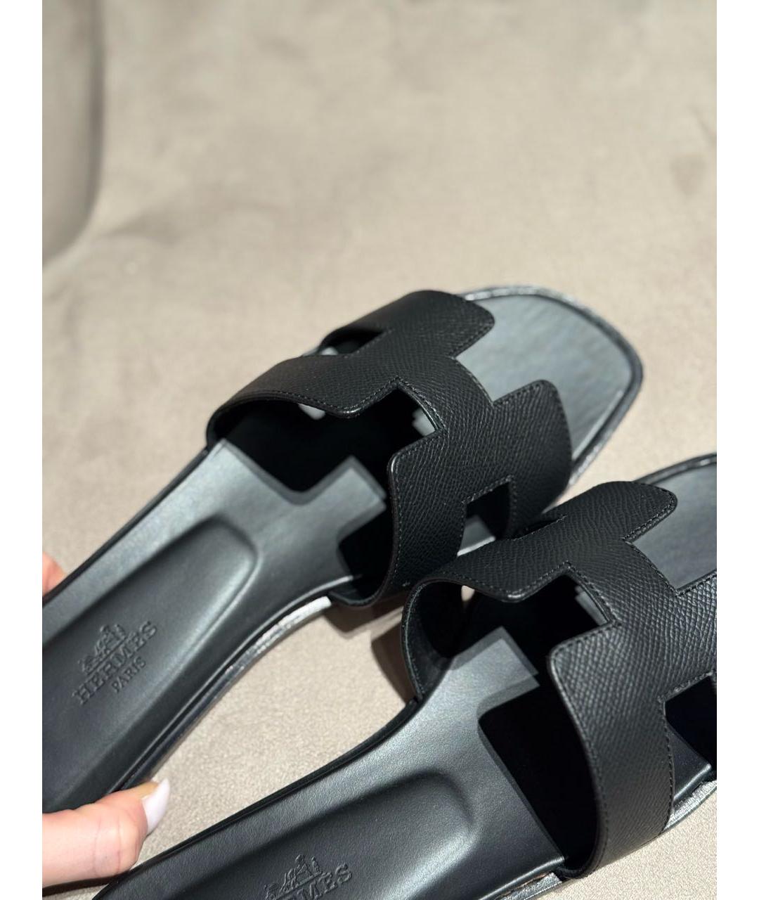 HERMES Черные кожаные шлепанцы, фото 7