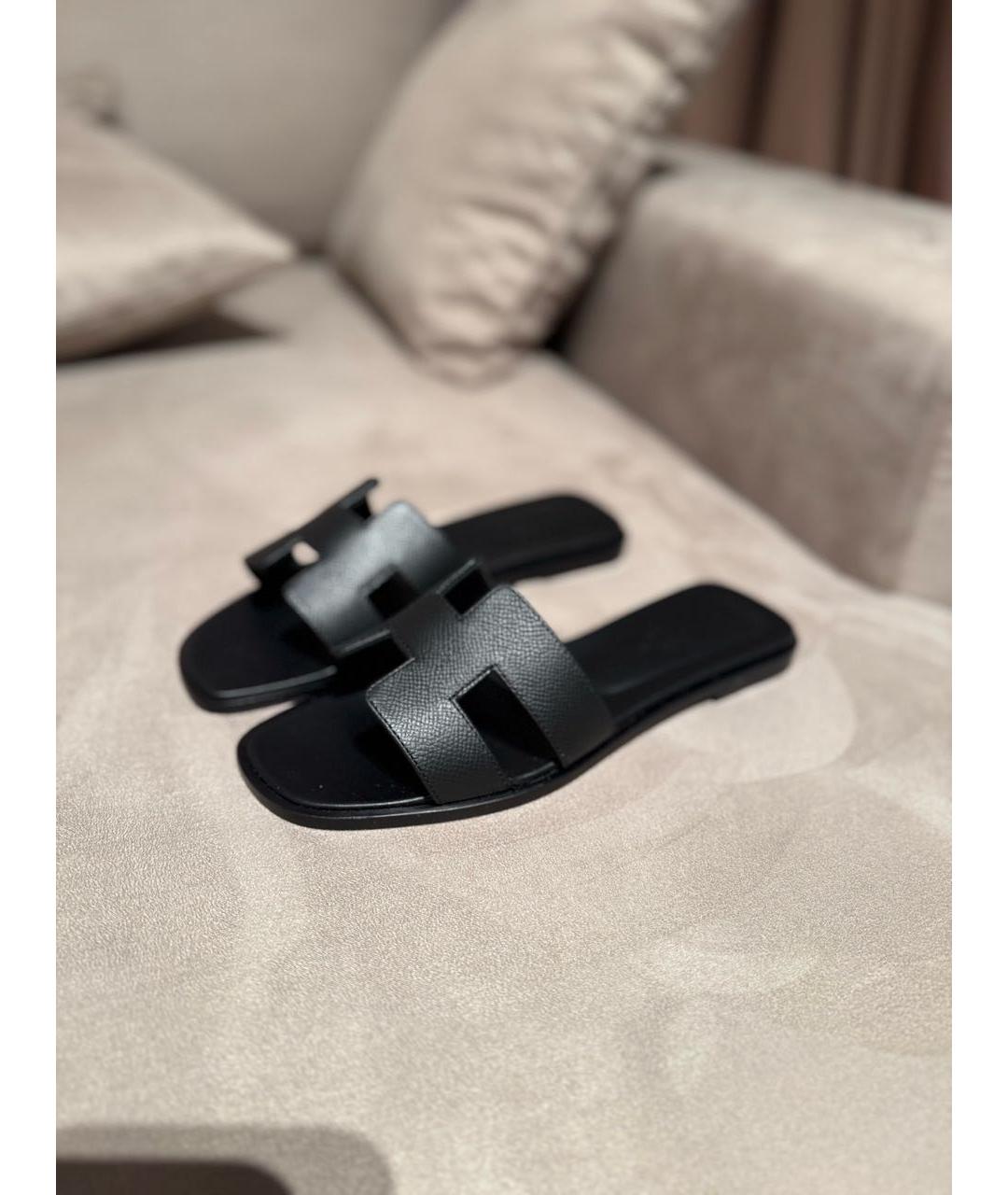 HERMES Черные кожаные шлепанцы, фото 3