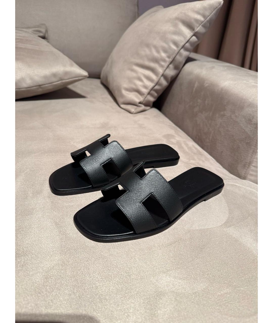 HERMES Черные кожаные шлепанцы, фото 2