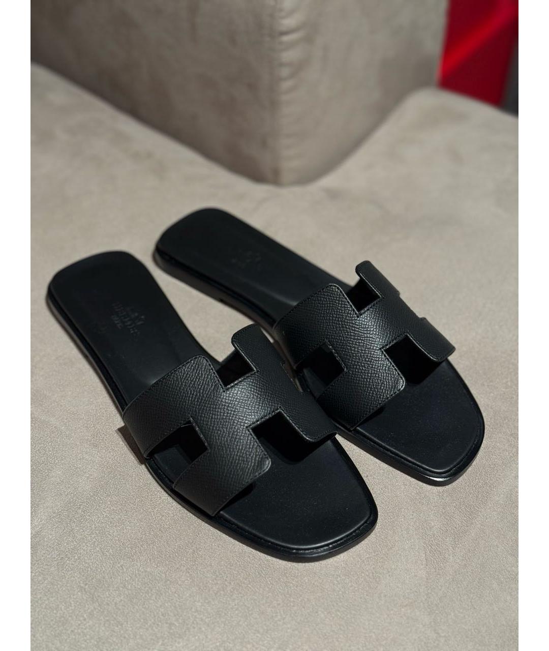 HERMES Черные кожаные шлепанцы, фото 6