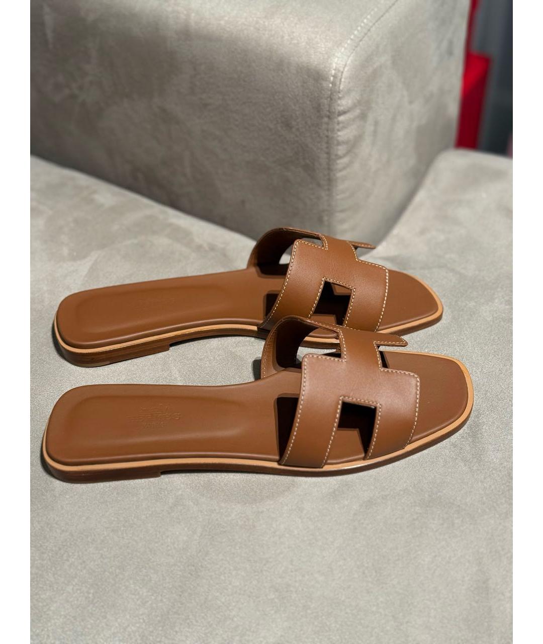 HERMES Коричневые кожаные шлепанцы, фото 6
