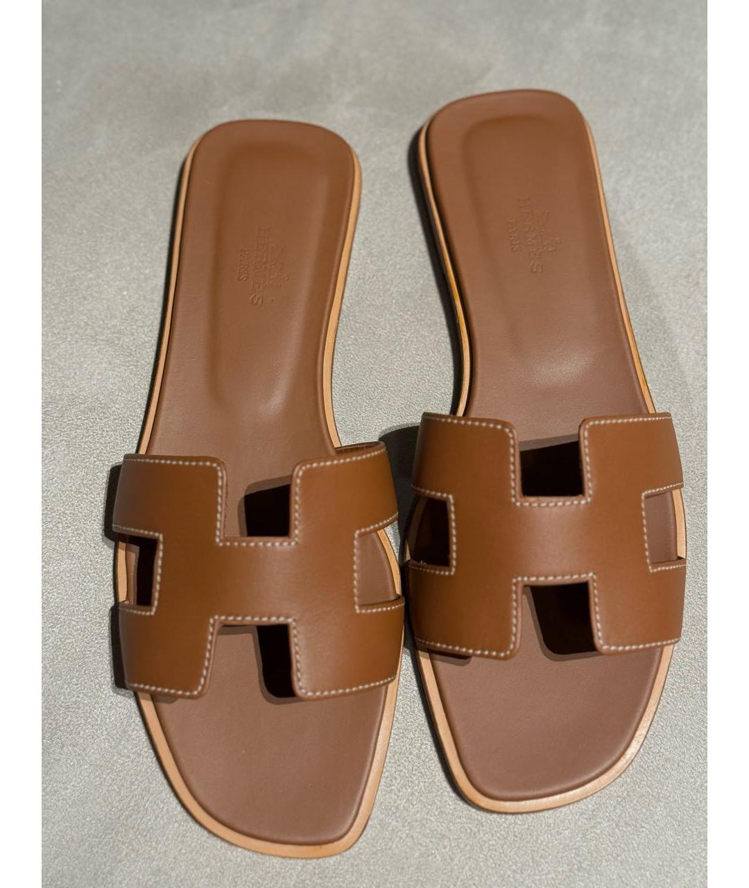 HERMES Коричневые кожаные шлепанцы, фото 4
