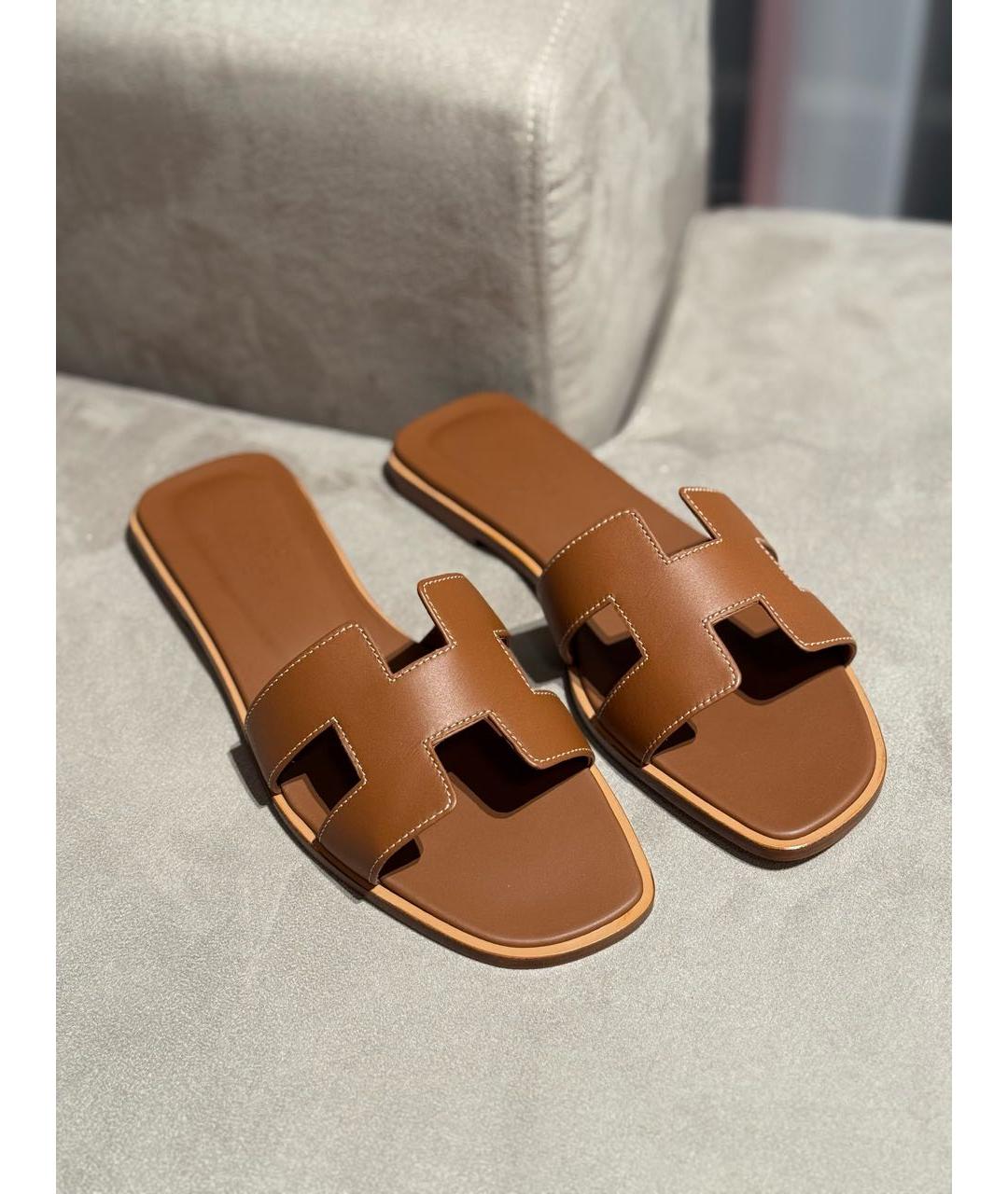 HERMES Коричневые кожаные шлепанцы, фото 2