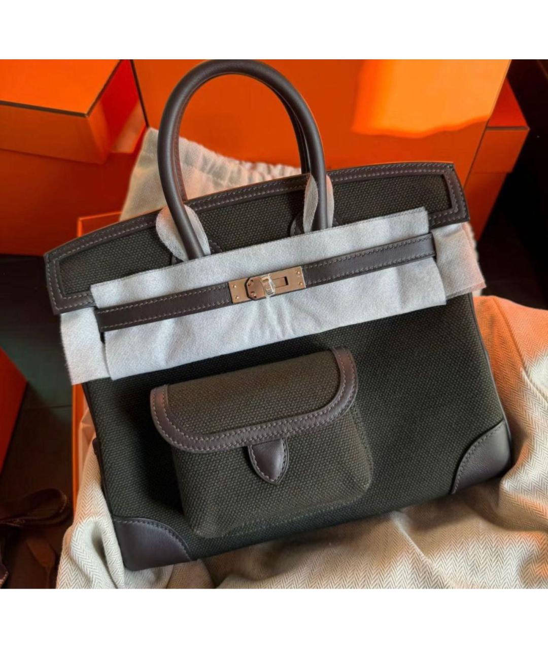 HERMES Коричневая тканевая сумка с короткими ручками, фото 3