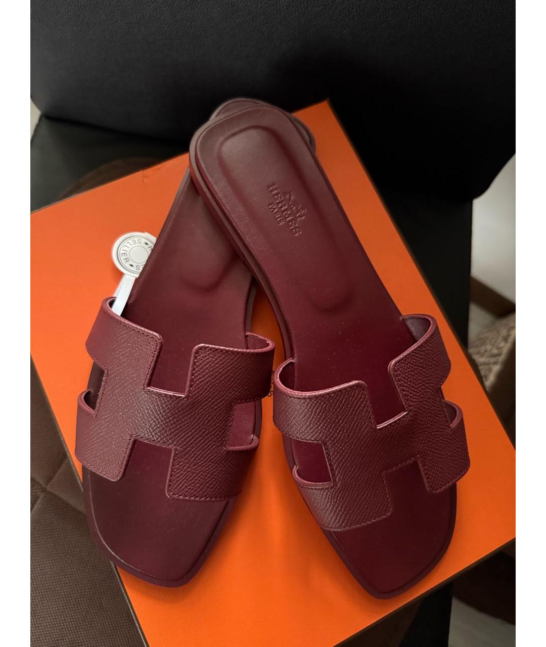 HERMES Бордовые кожаные шлепанцы, фото 3