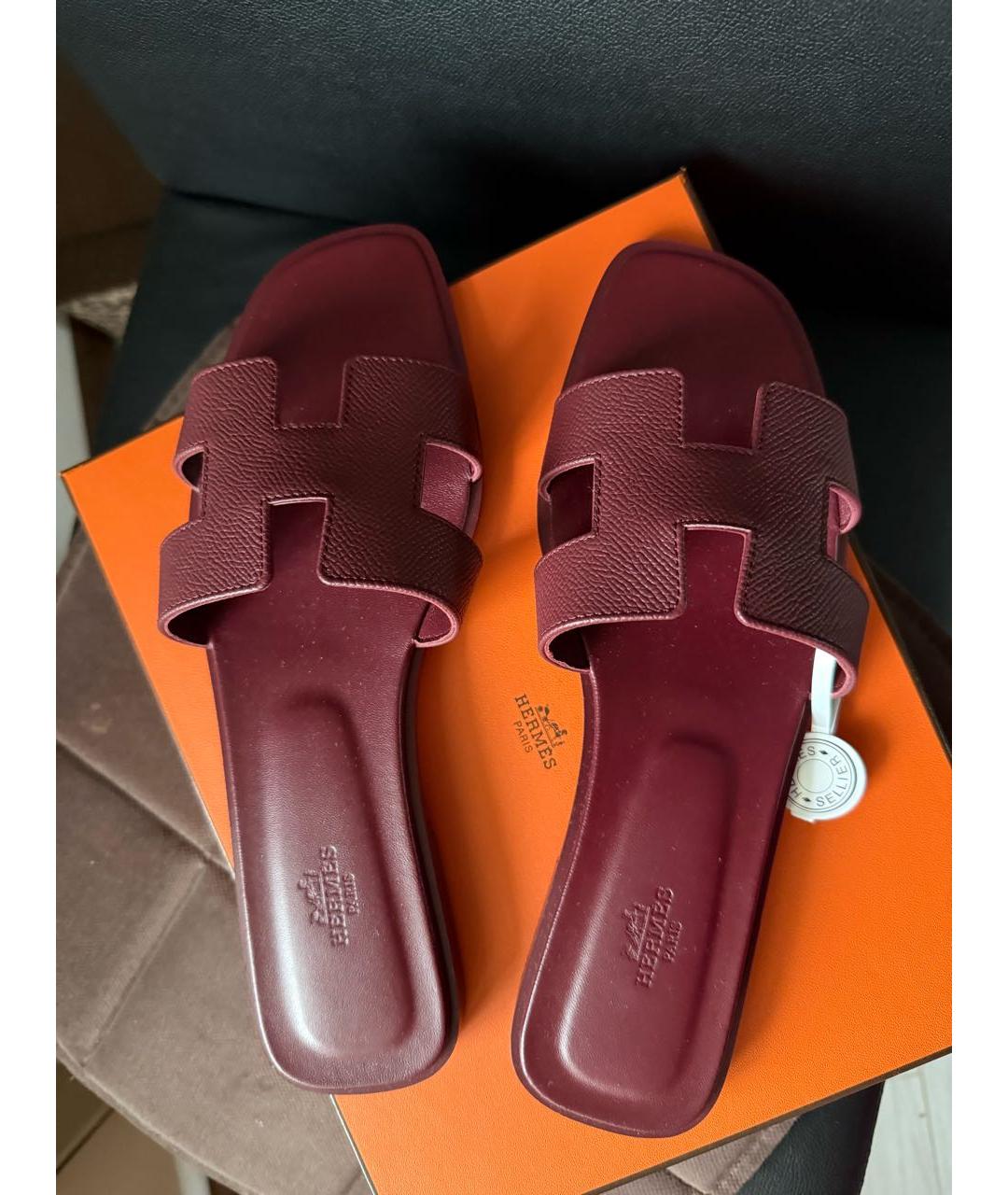 HERMES Бордовые кожаные шлепанцы, фото 2