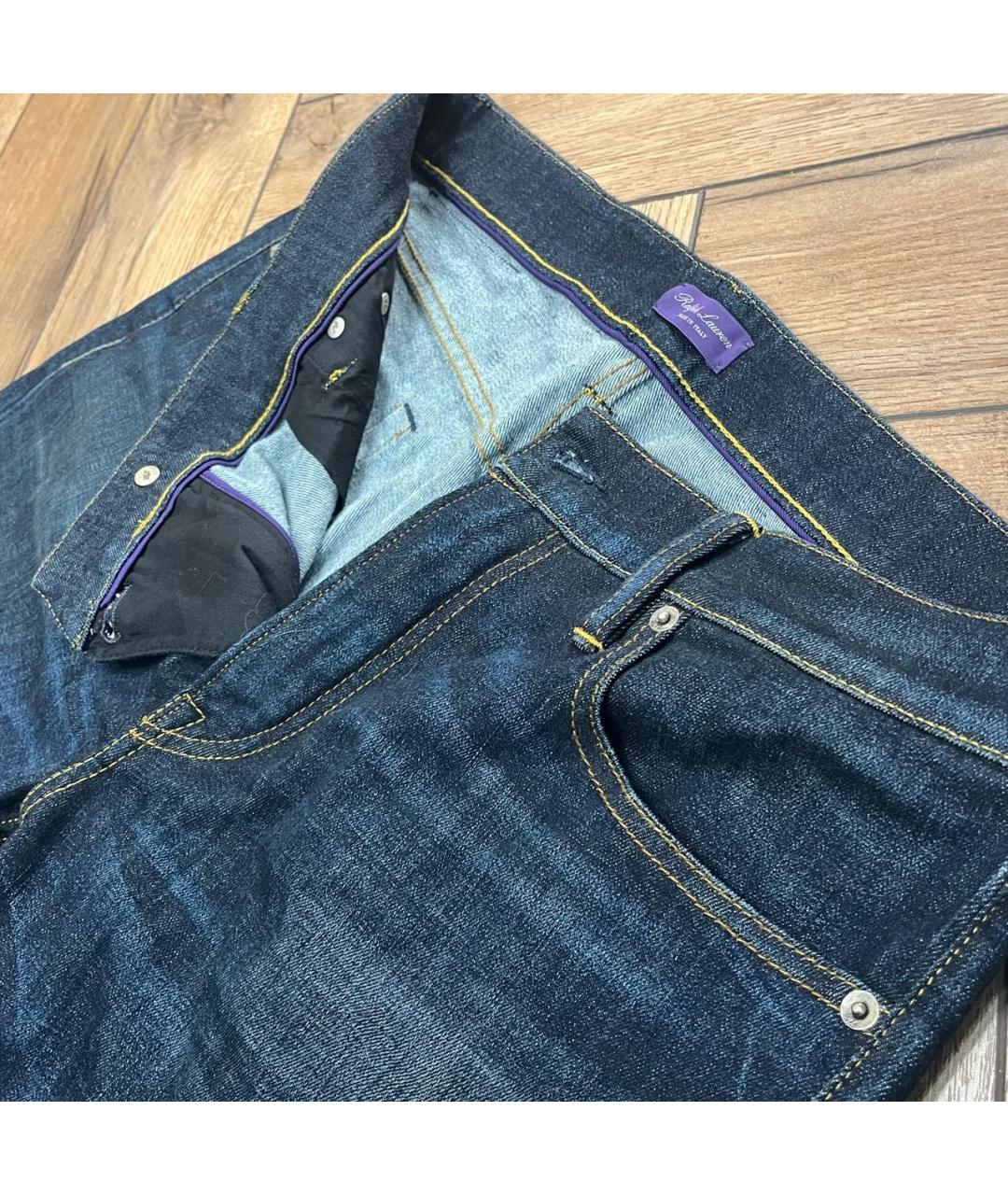 RALPH LAUREN PURPLE LABEL Синие хлопко-эластановые прямые джинсы, фото 3