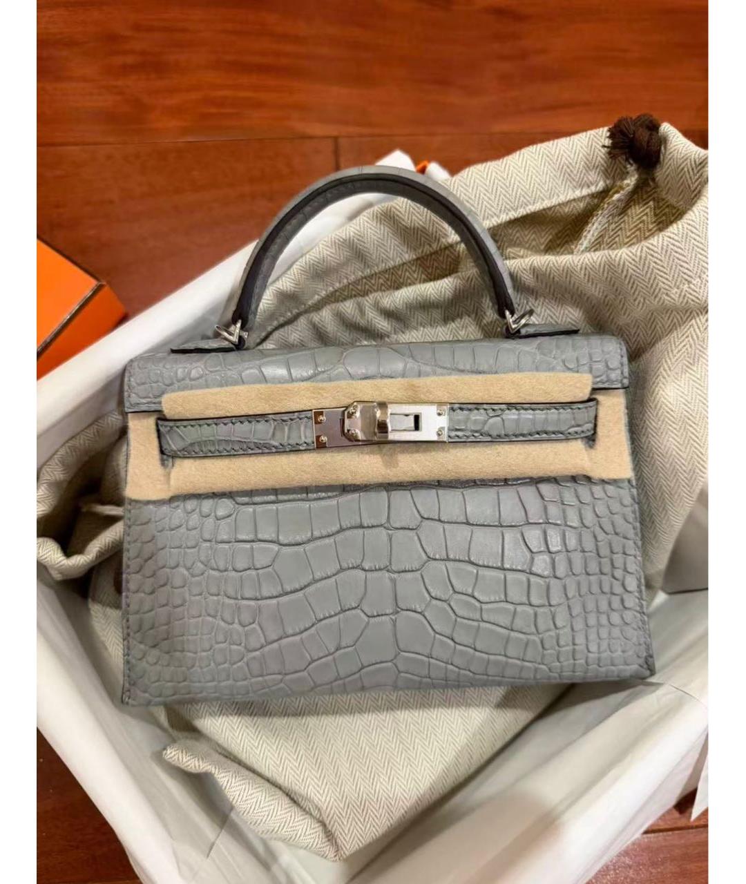 HERMES Серая сумка с короткими ручками из экзотической кожи, фото 3