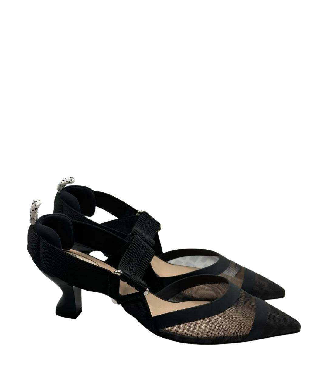 FENDI Черные текстильные лодочки на низком каблуке, фото 1