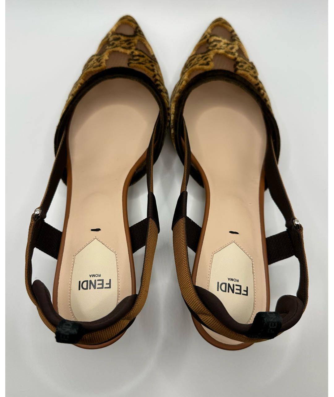 FENDI Коричневые текстильные лодочки на низком каблуке, фото 3