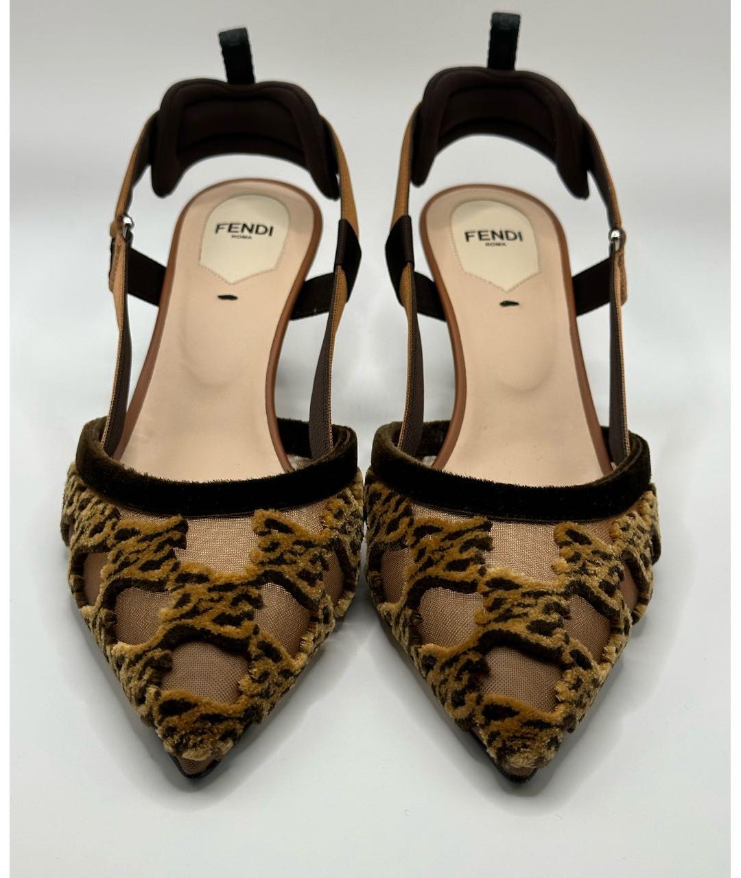 FENDI Коричневые текстильные лодочки на низком каблуке, фото 2