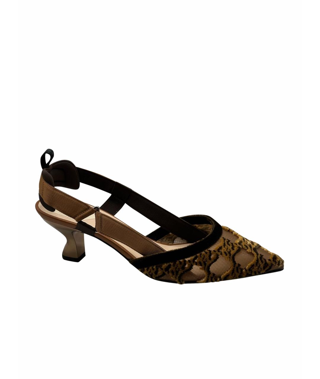 FENDI Коричневые текстильные лодочки на низком каблуке, фото 1